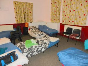 beds set up in church hall