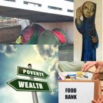 collage of images about poverty with the listening ear of St Benedict