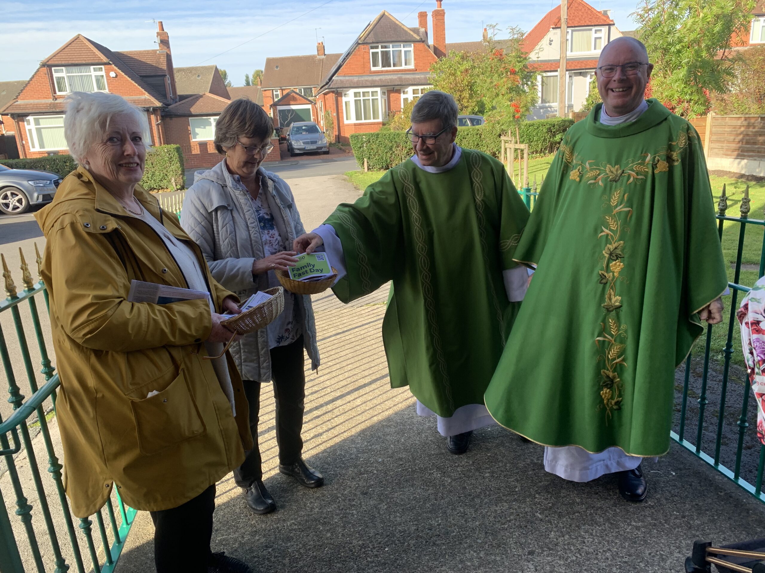 Fr Gerard with members of St Aelred of Rievaulx parish community, Harrogate, collecting Fast Day donations from parishioners in October 2025.